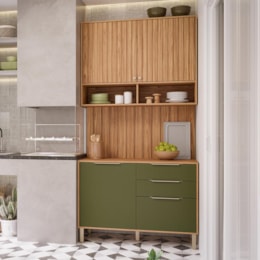 Cozinha Modulada Divina 3 Peças com Armário Aéreo, Balcão 120cm e Painel Ripado Freijó/Verde - MGM