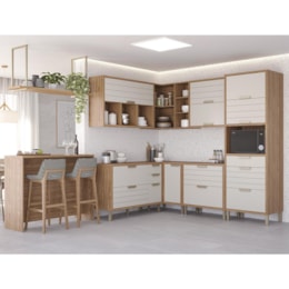 Cozinha Modulada Eloise 9 Peças com Ilha Gourmet e Prateleira Suspensa Freijó/Off White - MGM