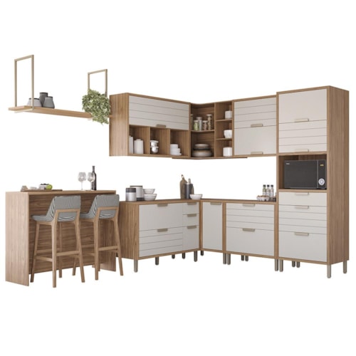 Cozinha Modulada Eloise 9 Peças com Ilha Gourmet e Prateleira Suspensa Freijó/Off White - MGM