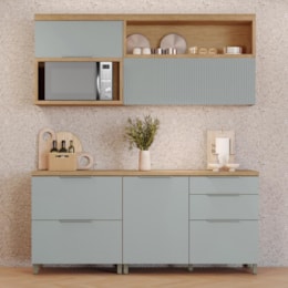 Cozinha Modulada Marquesa 4 Peças com Armário Aéreo Micro-ondas Nature/Verde - Nesher