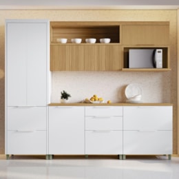 Cozinha Modulada Marquesa 5 Peças com Paneleiro e Armário Aéreo Micro-ondas Branco/Nature - Nesher