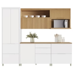 Cozinha Modulada Marquesa 5 Peças com Paneleiro e Armário Aéreo Micro-ondas Branco/Nature - Nesher