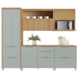 Cozinha Modulada Marquesa 5 Peças com Paneleiro e Armário Aéreo Micro-ondas Nature/Verde - Nesher