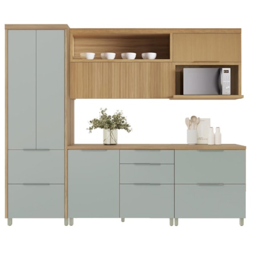 Cozinha Modulada Marquesa 5 Peças com Paneleiro e Armário Aéreo Micro-ondas Nature/Verde - Nesher