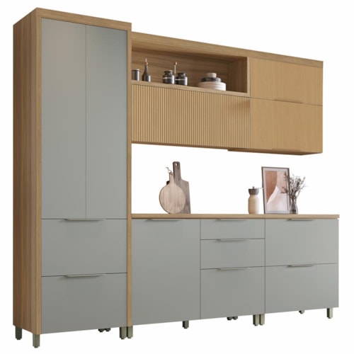 Cozinha Modulada Marquesa 5 Peças com Paneleiro e Balcão Cooktop 80cm Nature/Verde/Nature - Nesher