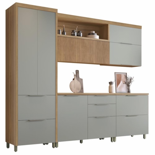 Cozinha Modulada Marquesa 5 Peças com Paneleiro e Balcão Cooktop 80cm Verde/Nature - Nesher
