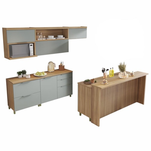 Cozinha Modulada Marquesa 8 Peças Nature/Verde com Bancada 200cm - Nesher