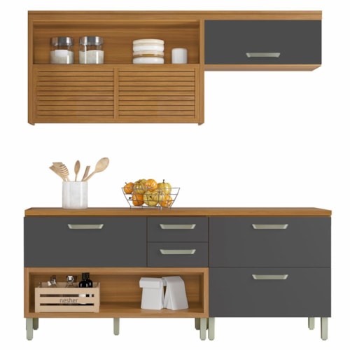 Cozinha Modulada Princesa 3 Peças com Balcão 120cm e Caixa Organizadora Freijó/Grafite - Nesher