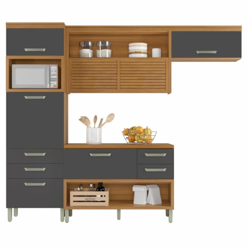 Cozinha Modulada Princesa 3 Peças com Torre Quente 1 Forno Freijó/Grafite - Nesher