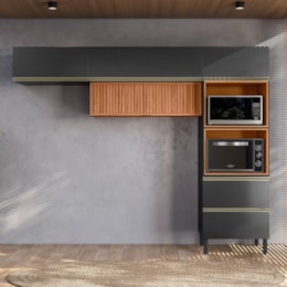 Cozinha Modulada Proença 3 Peças com Torre Quente 2 Fornos e Aéreo 120cm Ripado Nogueira Touch/Carbono Prime TX - Demartêz