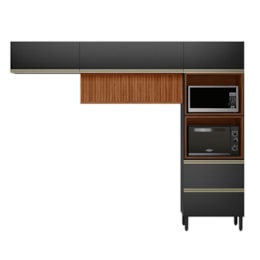 Cozinha Modulada Proença 3 Peças com Torre Quente 2 Fornos e Aéreo 120cm Ripado Nogueira Touch/Carbono Prime TX - Demartêz