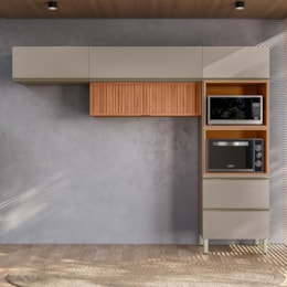 Cozinha Modulada Proença 3 Peças com Torre Quente 2 Fornos e Aéreo 120cm Ripado Nogueira Touch/Nude Prime TX - Demartêz