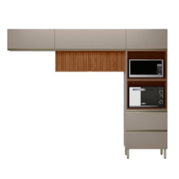 Cozinha Modulada Proença 3 Peças com Torre Quente 2 Fornos e Aéreo 120cm Ripado Nogueira Touch/Nude Prime TX - Demartêz