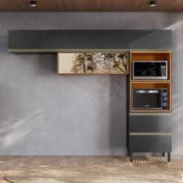 Cozinha Modulada Proença 3 Peças com Torre Quente 2 Fornos e Aéreo 80cm Nogueira Touch/Carbono Prime TX - Demartêz
