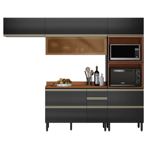 Cozinha Modulada Proença 4 Peças Balcão 120cm Nogueira Touch/Carbono Prime TX com Tampo em MDF - Demartêz