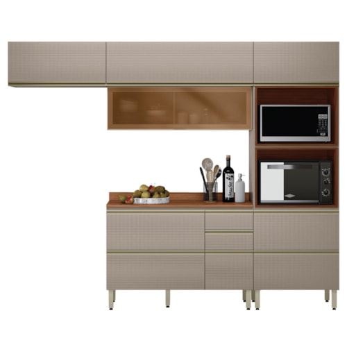 Cozinha Modulada Proença 4 Peças Balcão 120cm Nogueira Touch/Nude Prime TX com Tampo em MDF - Demartêz
