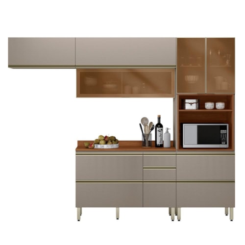 Cozinha Modulada Proença 4 Peças Balcão 120cm Nogueira Touch/Nude Prime TX com Tampo em MDF - Demartêz