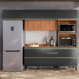 Cozinha Modulada Proença 4 Peças com Aéreo 120cm Ripado Nogueira Touch/Carbono Prime TX - Demartêz