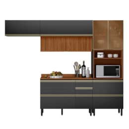 Cozinha Modulada Proença 4 Peças com Aéreo 120cm Ripado Nogueira Touch/Carbono Prime TX - Demartêz