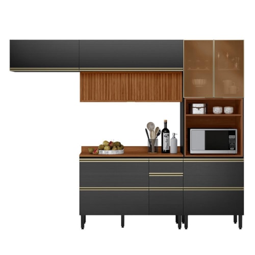 Cozinha Modulada Proença 4 Peças com Aéreo 120cm Ripado Nogueira Touch/Carbono Prime TX - Demartêz