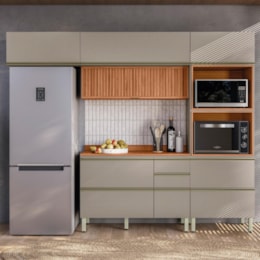 Cozinha Modulada Proença 4 Peças com Aéreo 120cm Ripado Nogueira Touch/Nude Prime TX - Demartêz