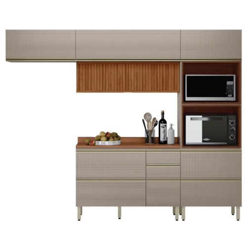 Cozinha Modulada Proença 4 Peças com Aéreo 120cm Ripado Nogueira Touch/Nude Prime TX - Demartêz