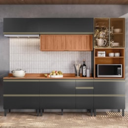 Cozinha Modulada Proença 5 Peças com Aéreo 120cm Ripado Nogueira Touch/Carbono Prime TX - Demartêz