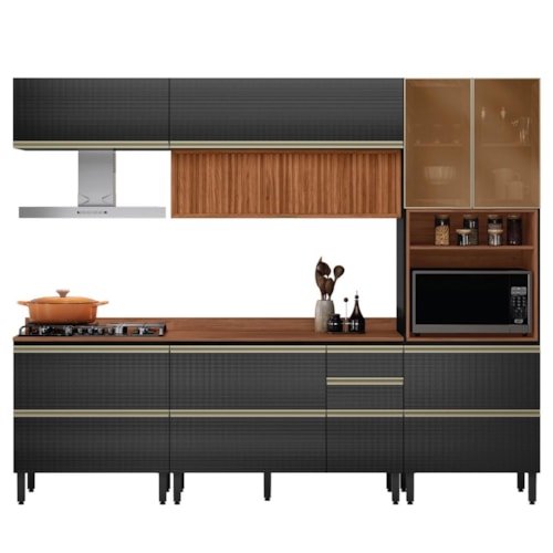 Cozinha Modulada Proença 5 Peças com Aéreo 120cm Ripado Nogueira Touch/Carbono Prime TX - Demartêz