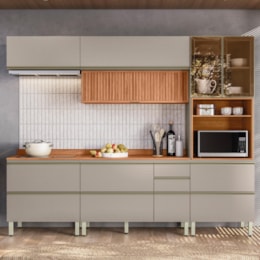 Cozinha Modulada Proença 5 Peças com Aéreo 120cm Ripado Nogueira Touch/Nude Prime TX - Demartêz