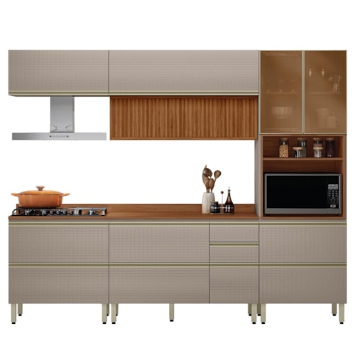 Cozinha Modulada Proença 5 Peças com Aéreo 120cm Ripado Nogueira Touch/Nude Prime TX - Demartêz