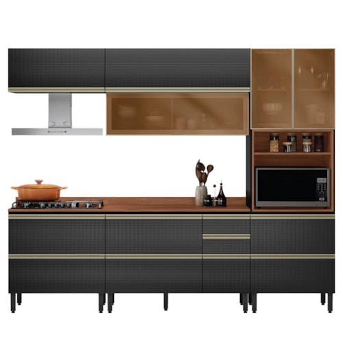 Cozinha Modulada Proença 5 Peças com Aéreo 80cm Nogueira Touch/Carbono Prime TX - Demartêz 