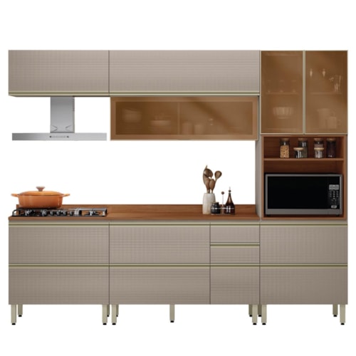 Cozinha Modulada Proença 5 Peças com Aéreo 80cm Nogueira Touch/Nude Prime TX - Demartêz