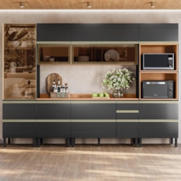 Cozinha Modulada Proença 6 Peças com Cristaleira e Aéreo 120cm Nogueira Touch/Carbono Prime TX - Demartêz