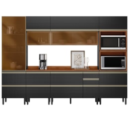 Cozinha Modulada Proença 6 Peças com Cristaleira e Aéreo 120cm Nogueira Touch/Carbono Prime TX - Demartêz