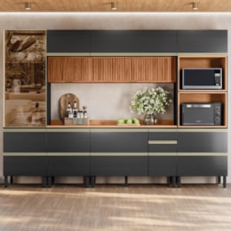 Cozinha Modulada Proença 6 Peças com Cristaleira e Aéreo 120cm Ripado Nogueira Touch/Carbono Prime TX - Demartêz