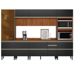 Cozinha Modulada Proença 6 Peças com Cristaleira e Aéreo 120cm Ripado Nogueira Touch/Carbono Prime TX - Demartêz