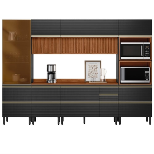 Cozinha Modulada Proença 6 Peças com Cristaleira e Aéreo 120cm Ripado Nogueira Touch/Carbono Prime TX - Demartêz