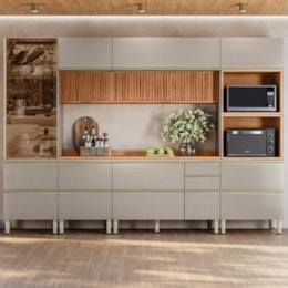 Cozinha Modulada Proença 6 Peças com Cristaleira e Aéreo 120cm Ripado Nogueira Touch/Nude Prime TX - Demartêz