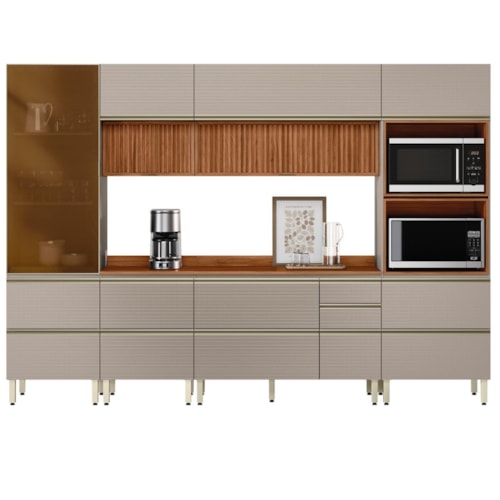 Cozinha Modulada Proença 6 Peças com Cristaleira e Aéreo 120cm Ripado Nogueira Touch/Nude Prime TX - Demartêz 