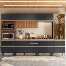Cozinha Modulada Proença 6 Peças com Cristaleira e Balcão 120cm Nogueira Touch/Carbono Prime TX - Demartêz