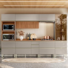 Cozinha Modulada Proença 6 Peças com Cristaleira e Balcão 120cm Nogueira Touch/Nude Prime TX - Demartêz 