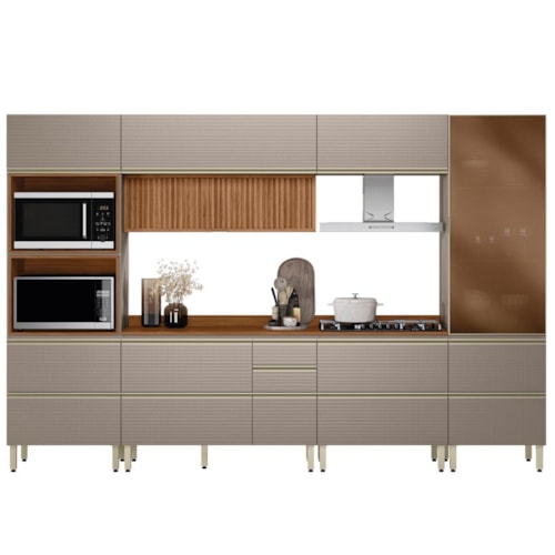 Cozinha Modulada Proença 6 Peças com Cristaleira e Balcão 120cm Nogueira Touch/Nude Prime TX - Demartêz 