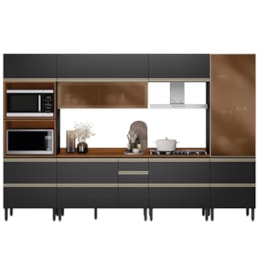 Cozinha Modulada Proença 6 Peças com Cristaleira e Balcão 80cm Nogueira Touch/Carbono Prime TX - Demartêz 