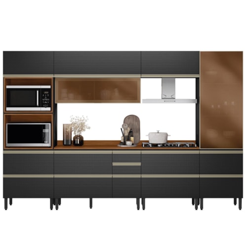 Cozinha Modulada Proença 6 Peças com Cristaleira e Balcão 80cm Nogueira Touch/Carbono Prime TX - Demartêz 
