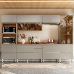 Cozinha Modulada Proença 6 Peças com Cristaleira e Balcão 80cm Nogueira Touch/Nude Prime TX - Demartêz