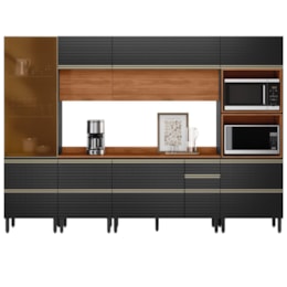 Cozinha Modulada Proença 6 Peças com Cristaleira Nogueira Touch/Carbono Prime TX - Demartêz