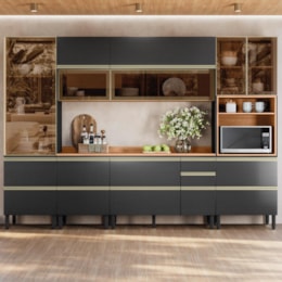 Cozinha Modulada Proença 6 Peças com Paneleiro 1 Forno e Aéreo 120cm Nogueira Touch/Carbono Prime TX - Demartêz
