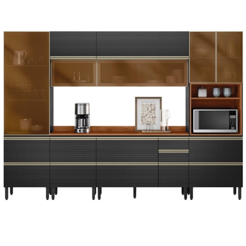Cozinha Modulada Proença 6 Peças com Paneleiro 1 Forno e Aéreo 120cm Nogueira Touch/Carbono Prime TX - Demartêz