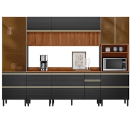 Cozinha Modulada Proença 6 Peças com Paneleiro 1 Forno e Aéreo 120cm Ripado Nogueira Touch/Carbono Prime TX - Demartêz 