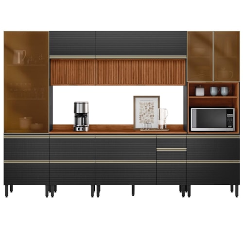 Cozinha Modulada Proença 6 Peças com Paneleiro 1 Forno e Aéreo 120cm Ripado Nogueira Touch/Carbono Prime TX - Demartêz 